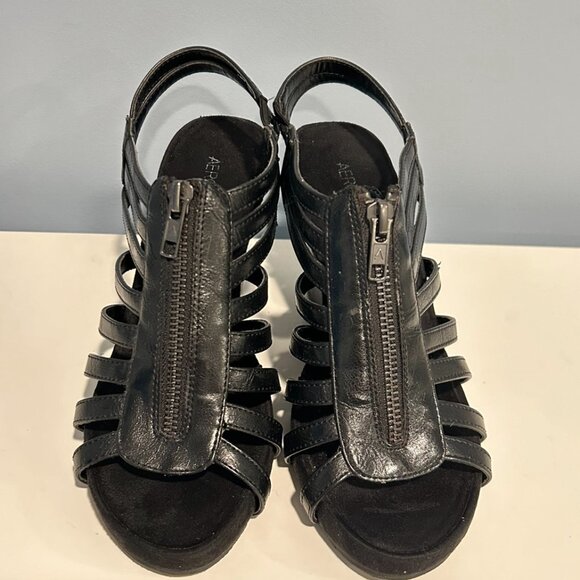 Women's Aerosoles Strappy Zipper 4" Wedge Heels - Size 7 Black - Great Condition - Picture 1 of 3